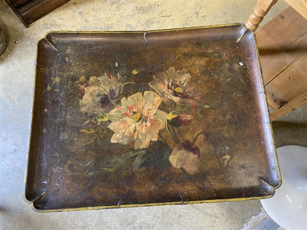 A Victorian bamboo rectangular occasional table with painted tray top, width 52cm, depth 40cm, height 73cm